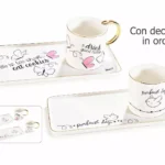 Tasses à café avec porte-biscuits en porcelaine décorations en or