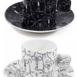 Coffret 2 tasses à café expresso et soucoupes Graffiti noir et blanc